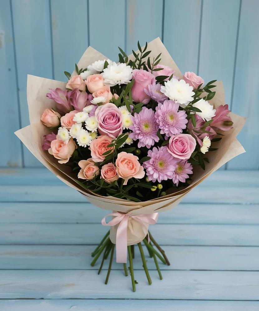 Букет цветов из: Хризантемы, Розы и Альстромерии в Узловая