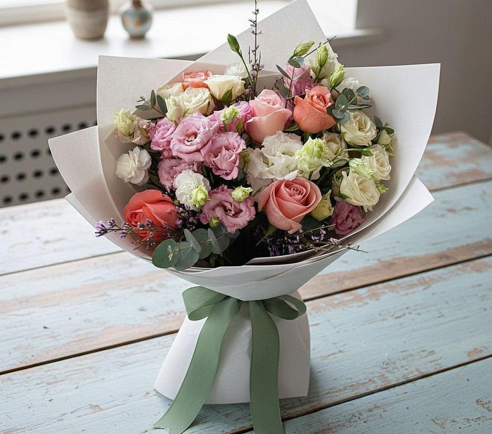 Букет цветов из: Розы, Лизиантусы и Гвоздики в Узловая