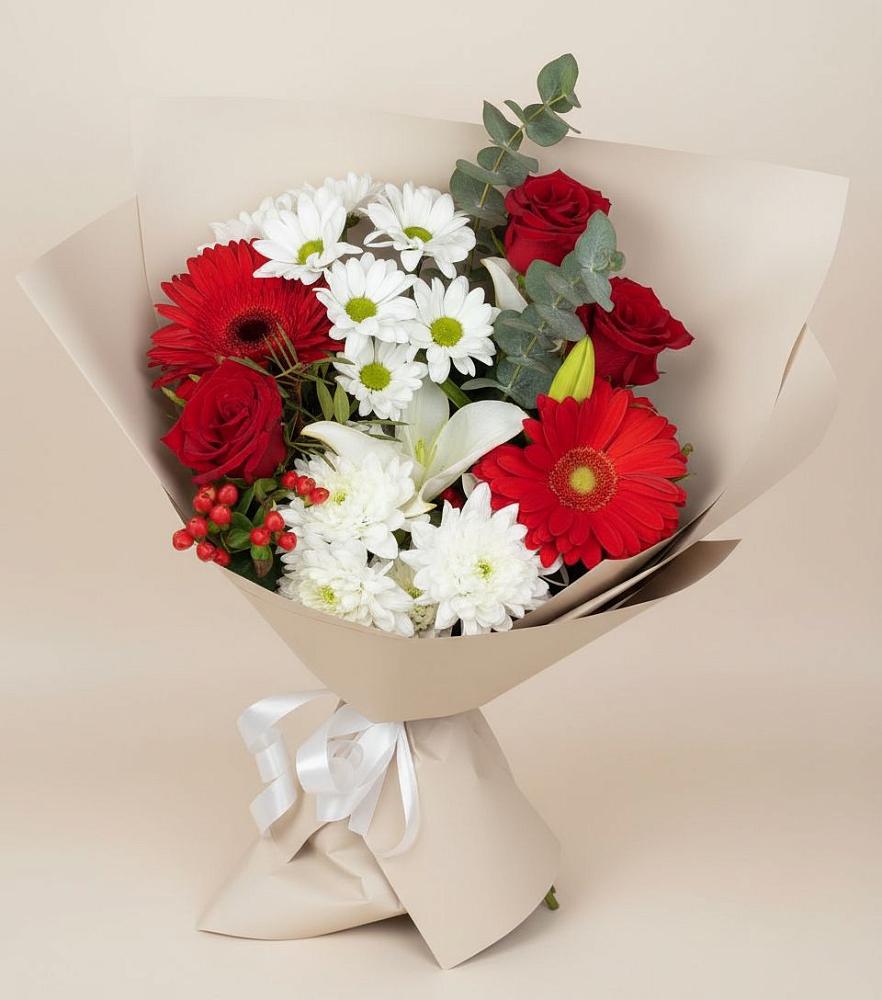 Букет цветов из: Розы, Хризантемы, Герберы и Лилии в Узловая