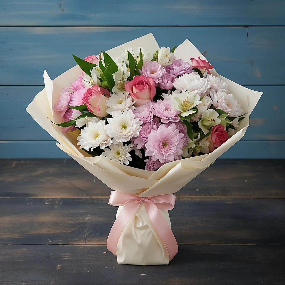 Букет цветов из: Хризантемы, Альстромерии и Розы в Узловая